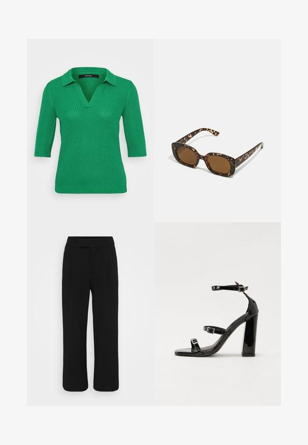 Zöld kötött pulóver bordás textúrával, gallérral és háromnegyedes ujjakkal. V-nyakú kialakítás, sima anyag és testhezálló sziluett.; Fekete, bőszárú nadrág sima anyagból, lapos elülső résszel, övhurkokkal és látható zsebek nélkül. Tiszta, igényesen szabott dizájn.; Fekete lakk magas sarkú szandál négyzet alakú orral, bokapántokkal és ezüst csatokat tartalmaz. Masszív blokk sarka a stabilitásért felel.; Teknősbéka mintázatú napszemüveg kerek, vastag kerettel és barna lencsékkel. Finom mintázattal és egyenes, keskenyedő szárakkal rendelkezik.