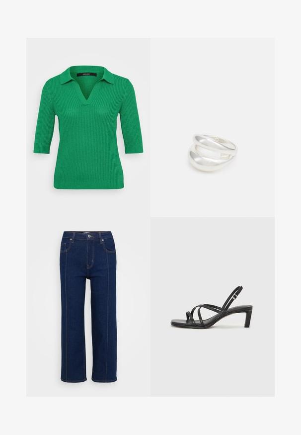 Žalias nertinis megztinis su plyšine tekstūra, apykakle ir trijų ketvirčių rankovėmis. V-kaklo dizainas, lygus audinys ir prigludusi siluetas.; Tamsiai mėlynos tiesaus silueto džinsai su mygtukų užsegimu, priekinėmis ir užpakalinėmis kišenėmis bei matoma oranžine siūleliu aplink siūles.; Juodi šlepetės su kvadratiniu pirštu ir žemu bloku kulnu. Yra keli ploni dirželiai ir reguliuojamas kulkšnies diržas. Pagaminti iš lygios odos.; Sidabrinis dvigubas žiedas su lygiu, poliruotu paviršiumi. Pasižymi sklandžiu, kreiptu dizainu su persipinančiomis dalimis, suteikiančiomis modernų išvaizdą.