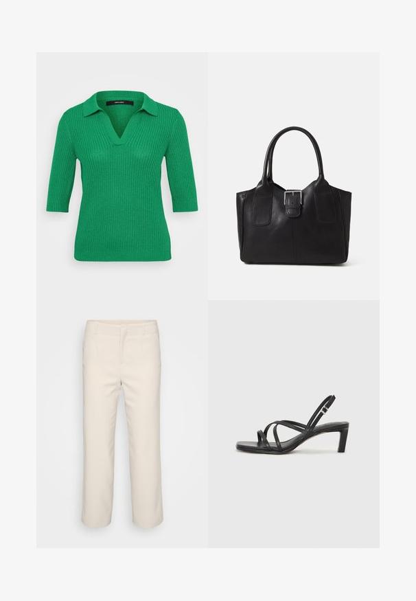 Roheline kootud sviiter ribakujulise tekstuuriga, krae ja kolmeveerandvarrukatega. V-kaeluse disain, sile kangas ja sobiv siluett.; Beige, kohandatud püksid otsejalaga, lamedalt esiosaga ja kahe küljetaskuga. Valmistatud siledast kangast puhtal viimistlusel.; Mustast rihmajalatsid ruudukujulise varba ja madala ploki kontsaga. Omab mitmeid õhukesi rihmasid ja reguleeritavat pahkluu rihma. Valmistatud siledast nahast.; Mustgamma nahast kott, millel on sile tekstuur, struktureeritud kuju, kaks käepidet ja esiküljel silmapaistev hõbedane pandla detail.
