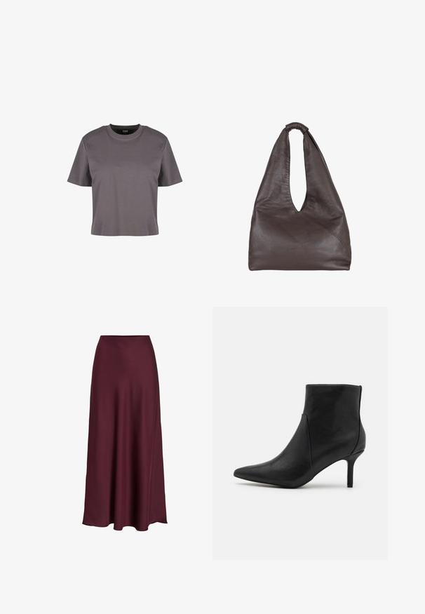 Šedé tričko s krátkým rukávem, vyrobené z hladkého materiálu, s kulatým výstřihem a volným střihem. Jednoduchý design, bez vzorů nebo viditelných akcentů.; Burgundská saténová maxi sukně s hladkým povrchem, vysokým pasem a splývavým siluetem, které se jemně rozšiřuje směrem k lemování.; Anna Field Kotníková obuv - black; Hnědá kožená taška s uvolněným, přeplněným designem. Disponuje smyčkovou rukojetí a hlubokým V-výřezem pro snadný přístup. Měkká textura, minimalistický styl.