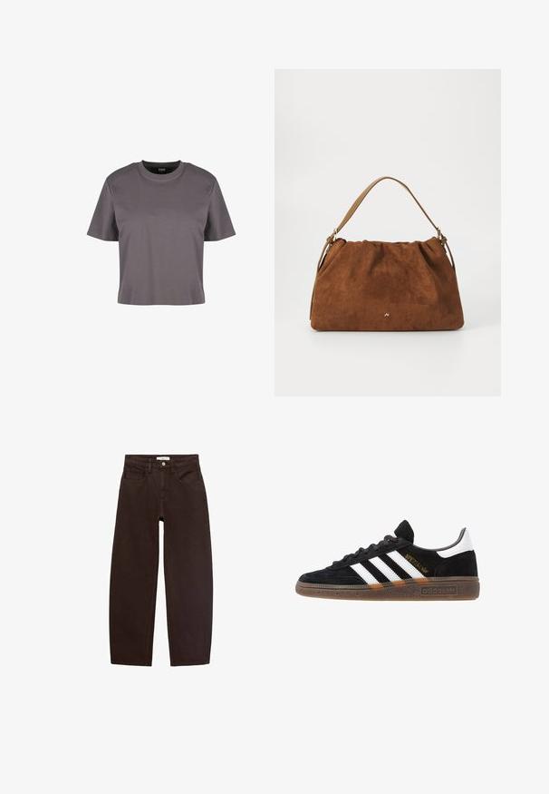 Sivá krátka rukávová tričko z hladkej látky s okrúhlym výstrihom a voľným strihom. Jednoduchý dizajn, bez vzorov alebo viditeľných akcentov.; Hnedé džínsy s uvoľneným strihom, obsahujúce päť vreciek, pútka na opasok a klasický zips. Hladká textúra a rovný strih nohavíc.; Čierne tenisky Adidas so bielymi pruhmi, zlatým textom "Spezial", gumenou podrážkou a bielym zadným pútkom, zobrazené z bočného pohľadu.; Hnedá semišová kabelka s nariaseným dizajnom, s jedným koženým remienkom v svetlohnedej farbe a jemným zlatým logom na prednej strane.