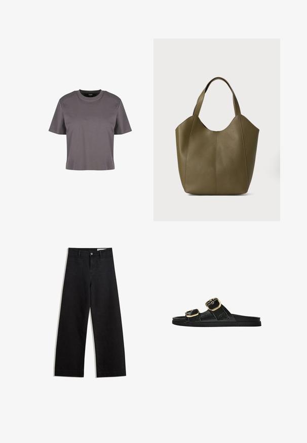 Szürke, rövid ujjú póló, sima anyagból, kerek nyakkivágással és laza szabással. Egyszerű dizájn, látható minták vagy díszítések nélkül.; Fekete, bő szabású farmernadrág magas derékkal, elülső és hátsó zsebekkel, varrott felületekkel és gombos záródással. Sima textúra.; Fekete csúszó szandál, két arany csattal, sima textúrájú anyagból, lapos talppal és minimalista dizájnnal.; Olivazöld bőr kézitáska dupla pántokkal, sima textúrával és négy paneles kialakítással. Erősített varrás a varratok mentén a tartósság érdekében.