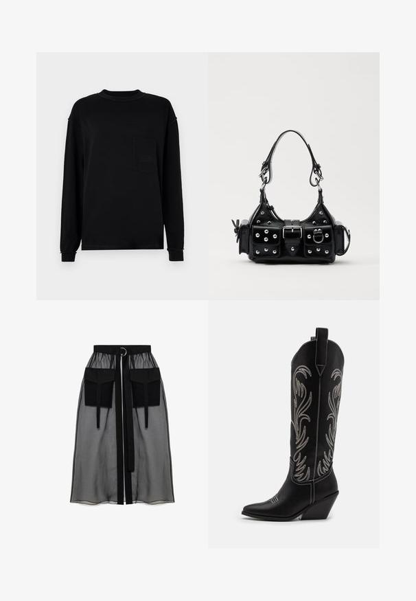 Fekete, hosszú ujjú pamut póló, kerek nyakkivágással, bal oldali mellzsebbel és enyhén ráncolt bordás mandzsettával.; Fekete áttetsző szoknya ráncolt derékrésszel, két nagy elülső zsebbel, derékpánttal és kör alakú fém díszítéssel.; Fekete bőr cowboy csizmák hegyes orral, wedge sarkakkal és ezüst hímzett virágmintákkal a szár mentén. Kontraszt varrás az egész csizmán.; Fekete bőr kézitáska ívelt designnal, ezüst szegecsekkel, csattal és két oldalsó zsebbel. Állítható vállpánt a hordozási lehetőségekhez.