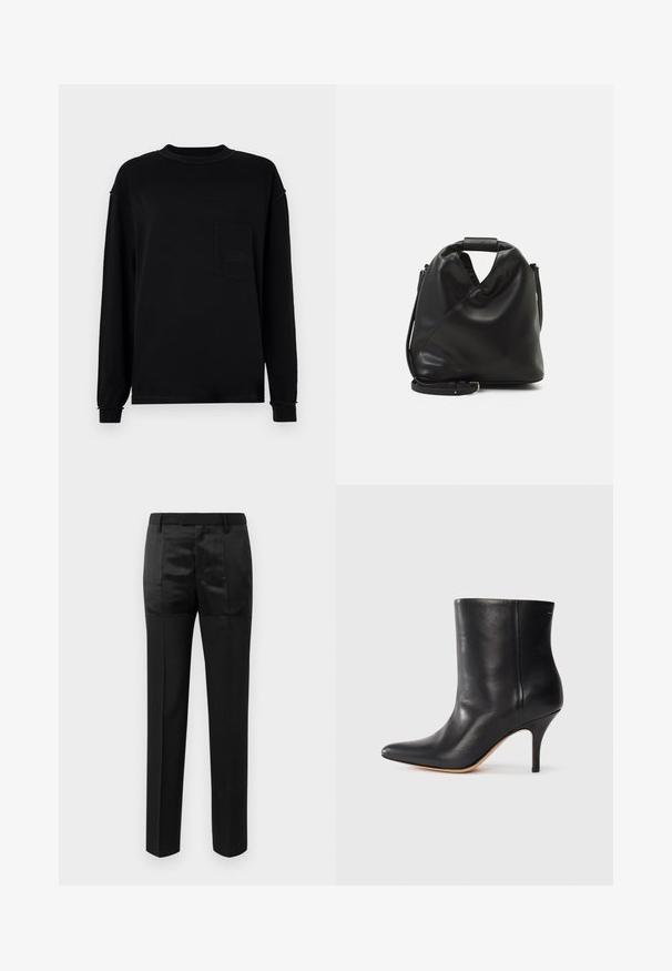 Fekete, hosszú ujjú pamut póló, kerek nyakkivágással, bal oldali mellzsebbel és enyhén ráncolt bordás mandzsettával.; Fekete, egyenes lábú, szabott nadrág övvel ellátott derékkal, matt és fényes anyagpanelek kombinációjával.; Fekete bőr bokacsizma hegyes orral, karcsú tűs sarkal és sima textúrával. Minimális dizájn, látható fémrészek vagy díszítések nélkül.; Fekete, puha bőr táska egyedi csavaros dizájnnal. Rövid fogantyúval és levehető vállpánttal rendelkezik. Minimalista stílusú.