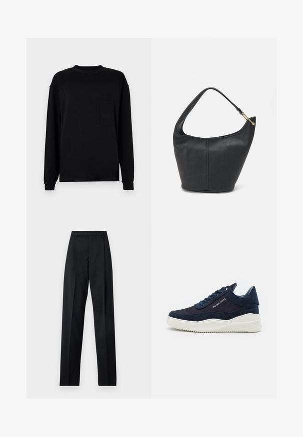 Svart langermet t-skjorte laget av bomull med rund hals, en lomme på venstre bryst og ribbestrikkede mansjetter med lett rynke.; Svarte bukser laget av glatt stoff, med høy midje, vide ben, frontfolder og klassiske beltehemper. Ingen synlige sidelommer.; Mørk marineblå svineskinnsneakers med hvite gummisulder, rund tå og snøredesign. Har logodetalj på siden og teksturerte aksenter.; Svart lærveske med en rund form, bred stropp og strukturert overflate. Har en subtil sømdetalj og gullfarget beslag.