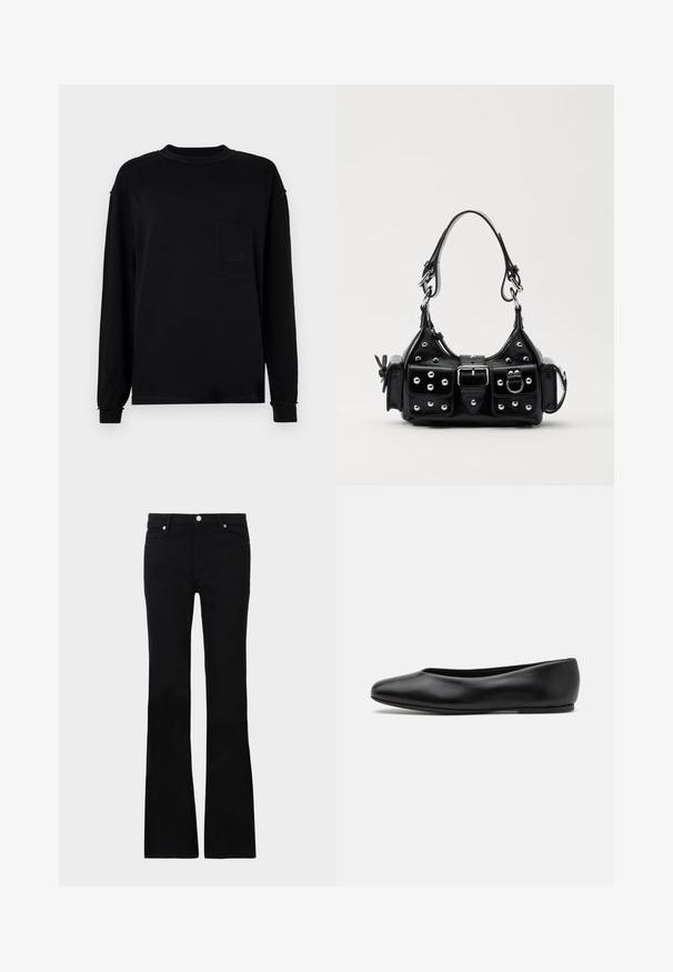 Fekete, hosszú ujjú pamut póló. Kerek nyakkivágással, mellzsebbel és finom varrási részletekkel az ujjakon és az alsó szegélyen.; Fekete, bővülő szárú farmernadrág, két elülső zsebből áll, gombos záródással és sima textúrával rendelkezik. A varrásoknál látható a jellegzetes öltés.; Paul Smith TOPANGA - Balerina cipők - black; Fekete bőr kézitáska ívelt designnal, ezüst szegecsekkel, csattal és két oldalsó zsebbel. Állítható vállpánt a hordozási lehetőségekhez.