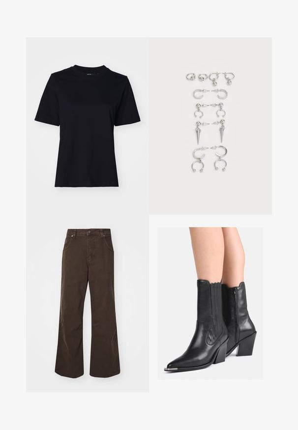Czarna bawełniana koszulka z krótkim rękawem, okrągłym dekoltem i luźnym krojem. Gładka tekstura, bez widocznych wzorów lub grafik.; Brązowe szerokie spodnie wykonane z bawełny, z wysokim stanem, przednimi kieszeniami i gładką teksturą. Wykończenie obejmuje subtelne detale szwów.; Czarne skórzane kowbojki do połowy łydki z szpiczastymi noskami, wyższymi obcasami, bocznym zamkiem błyskawicznym oraz dekoracyjnym przeszyciem noszone na golych nogach.; Zestaw srebrnych kolczyków z różnymi wzorami: kółka, sztyfty i wiszące style, z kulistymi akcentami i spiczastymi elementami.