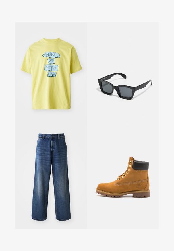 Žlté bavlnené tričko s modrou grafickou potlačou a textom "CARHARTT WIP DETROIT U.S.A." v tučnom, opotrebovanom písmene. Okrúhly výstrih, krátke rukávy.; Džínsy s vysokým pásom v modrej farbe a širokými nohavicami, s jemným vyblednutím, prednými vreckami a gombíkovým zatváraním v oblasti pásu.; Tyrkysové semišové členkové topánky s čiernym polstrovaným golierom, zlatými kovovými očkami, bielym prešívaním a robustnou gumovou podrážkou s výraznými drážkami.; Čierne obdĺžnikové slnečné okuliare s tmavými sklami. Plastový rám s lesklým povrchom, s širokým mostíkom a mierne zúženými stranami.