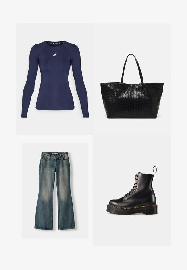 adidas Performance TF LS T - Long sleeved top - legend ink; Blue flared jeans with a faded wash, five pockets, and a button closure. Material shows a denim texture with subtle stitching details.; Black leather lace-up ankle boots with a chunky black sole and yellow stitching. Features a pull tab at the back and circular metal eyelets.; Black woven tote bag with two sturdy handles, featuring a glossy texture and a spacious open top design.
