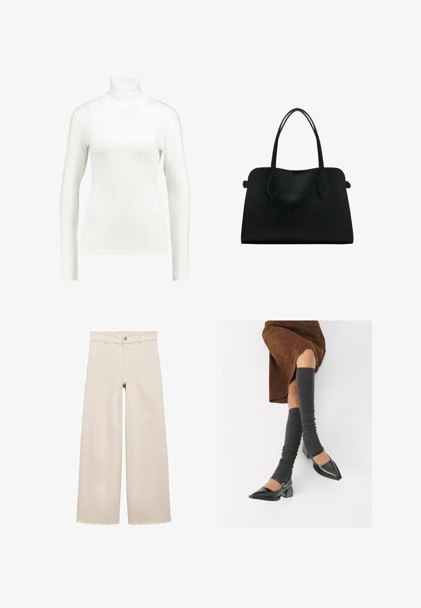 Kaffe YOKO ROLLNECK LS - Long sleeved top - chalk; Beige wide-leg jeans with a high waist, featuring a button closure, front pockets, and frayed hem. Made of denim fabric.; Black patent leather pointed-toe shoes with a block heel and ankle strap, paired with gray ribbed leg warmers and a brown suede skirt.; Black leather handbag with dual shoulder straps, rectangular shape, and minimalistic design on a white background.