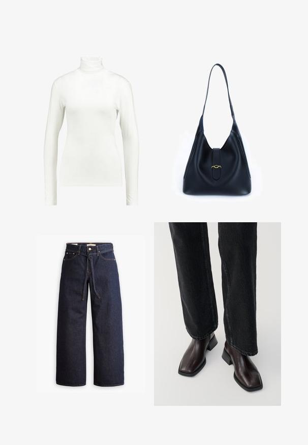 Kaffe YOKO ROLLNECK LS - Langarmshirt - chalk; Weite, dunkelblaue Jeans aus Denim mit hoher Taille, ausgestattet mit einem Kordelzug, fünf Taschen und kontrastierenden Nähdetails.; Braune Lederstiefeletten mit quadratischer Spitze und Blockabsatz, kombiniert mit schwarzen weit geschnittenen Jeans. Glatte Textur und minimalistisches Design.; Schwarze Lederhandtasche mit einem weichen, lässigen Design. Verfügt über einen flachen Trageriemen und einen zentralen Verschluss, der mit einem goldenen Akzent verziert ist.