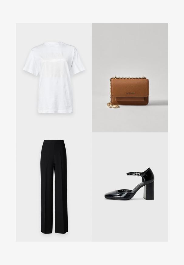MAX&Co. TEE - Printtipaita - weiss; Mustat leveälahkeiset housut, joissa on sileä pinta, korkea vyötärö ja keskiset laskokset. Ei näkyviä kuvioita tai metalliosia.; Musta lakattu nahkainen korkokenkä neliskanttisen kärjen, nilkkaremmin ja paksun koron kanssa. Mukana reikäkuviointi reunassa.; Ruskean teksturoidun nahkasta valmistettu crossbody-laukku, jossa on kultaketjuhihna ja läppäkiinnitys. Edessä on logodetail ja tasku läppäisen alla.