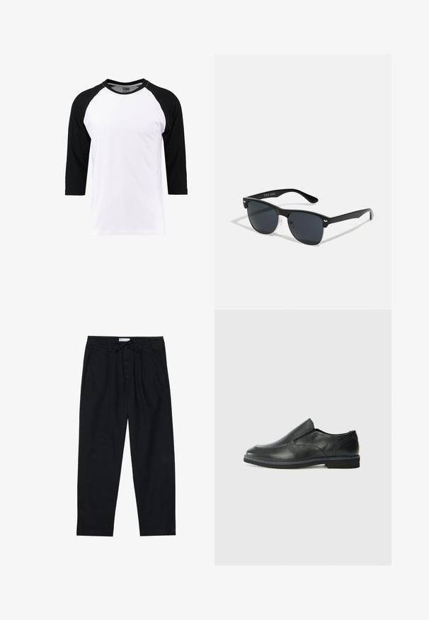 Biela tričko s krátkym rukávom a čiernymi raglánovými rukávmi, vyrobené z bavlny, s okrúhlym výstrihom a hladkou textúrou.; Pier One Nohavice chinos - black; Čierny kožený nazúvací topánka s hladkým zvrškom, prešitými akcentmi, zaoblenou špičkou a nízkym gumovým podpätkom. Podošva má minimálny dezén.; Čierne slnečné okuliare s obdĺžnikovým tvarom, tmavými sklami, striebornými akcentmi na bočných okrajoch a matným povrchom rámu.