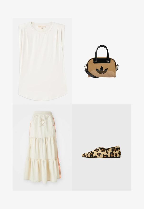 Valge ilma varrukateta tipp, mis on valmistatud siledast kangast, ümara kaelusega ja õlgadel on peened voldid, millel on kõverdatud alläärega.; Kreemivärvi mitme kihiga midi seelik, millel on elastne vöökoht ja nöör. Omab oranže külgi triibu ja pehmet, sileda puuvilla tekstuuri.; Leopardi triibuline madalate kontsadega kingad, mis on valmistatud pehmest karvast, omades teravat nina disaini ja madalat profiili. Loomulikud toonid mustade aktsentidega.; Kreemikäne käekott mustade läikivate nahkakatelementidega, ümmargune kuju, kahekordsed sangad ja esiküljel reljeefne must logo.