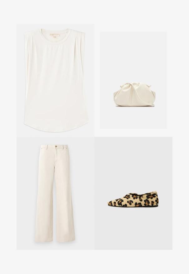 Witte mouwloze top van gladde stof, met een ronde hals en subtiele plooien op de schouders, en een gebogen zoom.; Beige wijde broek van katoen met een gladde textuur. Heeft een knoopsluiting, voorzakken en een klassiek taillebandontwerp.; Luipaardprint platte schoenen van zacht bont, met een puntige neus en een lage profiel. Natuurlijke tinten met zwarte accenten.; Crème-kleurige, zachte neplederen tas met een geplooid ontwerp, verstelbare schouderband en subtiele trekkoordsluiting. Gladde textuur en ronde vorm.