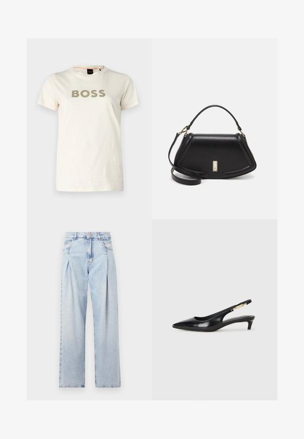 BOSS ELOGO - Camiseta estampada - open white; Jeans de mezclilla azul claros con cintura alta, corte de pierna ancha, dos bolsillos laterales y un diseño plisado. Textura suave con un acabado deslavado.; Tacones negros de piel sintética tipo slingback con punta afilada, que cuentan con un tacón delgado y un detalle en tono dorado en la correa ajustable. Textura suave.; Bolso de mano de cuero negro con un diseño estructurado, que presenta una forma recortada, asa superior y acentos en dorado. Correa de hombro ajustable incluida.
