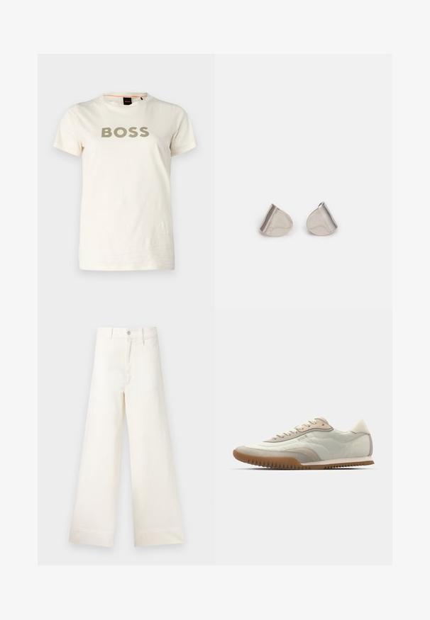 BOSS ELOGO - Marškinėliai su spaudiniu - open white; Platus kojų kelnes šviesiai smėlio spalvos medvilnės. Aukšta juosmens linija, priekinės kišenės ir tiesus kirpimas. Švarus apvadas be raštų.; Baltos ir kreminės spalvos sportbačiai su lygiu paviršiumi ir zomšiniu akcentu, su tekstūruotu padu ir toniniu siuvimu. Raštuotas užsegimas su logotipo detale.; Sidabriniai metaliniai auskarai su lygiu, ašaros formos dizainu ir blizgiu paviršiumi. Subtilūs raižiniai prideda detalumo. Minimalistinis dizainas.