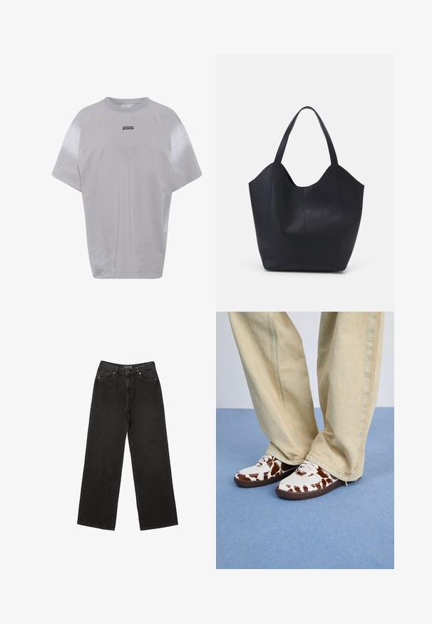 Světlé šedé tričko s krátkým rukávem, kulatým výstřihem, volným střihem a malým černým logem na přední straně. Hladká bavlněná tkanina.; Černé široké džíny vyrobené z denimu, s malými tečkovanými vzory, klasickým pětikapsovým designem a zapínáním na knoflík a zip.; Bílé a hnědé tenisky s vzorem, vyrobené z mesh a kůže, s hnědými gumovými podrážkami. V kombinaci s světle béžovými kalhotami s širokými nohavicemi.; Černá taška přes rameno vyrobená z hladké kůže, s zakřiveným, otevřeným vrchem a dvěma ramenními popruhy, s minimalistickým designem.