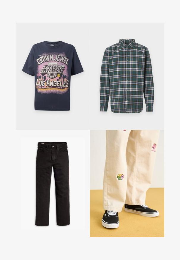 Tumši zils kokvilnas T-krekls ar grafisku apdruku, kas attēlo tekstu "CROWN JEWEL KINGS OF LOS ANGELES" un palmu koku siluetus.; Zaļš flaneļa krekls ar ietērpu, kurā ir zila, balta un sinepju dzeltena krāsa. Ar pogām aizdaram un uzgaļotām apkaklēm. Garas piedurknes.; Melnas taisnās kājas džinsu bikses ar piecām kabatām, pogu aizdari un jostas cilpām, izliktas uz balta fona.; Beige kokvilnas bikses ar rotaļīgiem izšūtiem dizainiem, tostarp rozā raksturs un krāsains bloks, saskaņotas ar melniem kurpēm ar auklām.