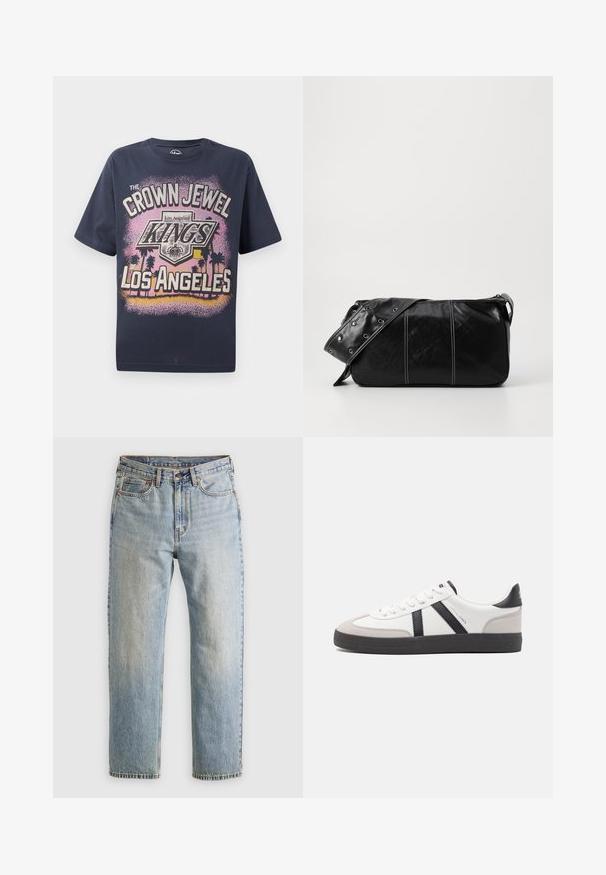 Mørkeblå bomulds t-shirt med grafisk tryk, der viser teksten "CROWN JEWEL KINGS OF LOS ANGELES" og silhuetter af palmer.; Lysblå denim jeans med høj talje, frontknap, lynlås og fem-lomme design, lagt fladt på en neutral baggrund.; Hvide sneakers med sorte og grå detaljer, med en tekstureret grå tåhætte, sort gummisål og flade hvide snørebånd. Rent design, minimalistisk stil.; Sort læder skuldertaske med lynlås, der har en tekstureret overflade, hvid syning og en rem med sølvøskner.