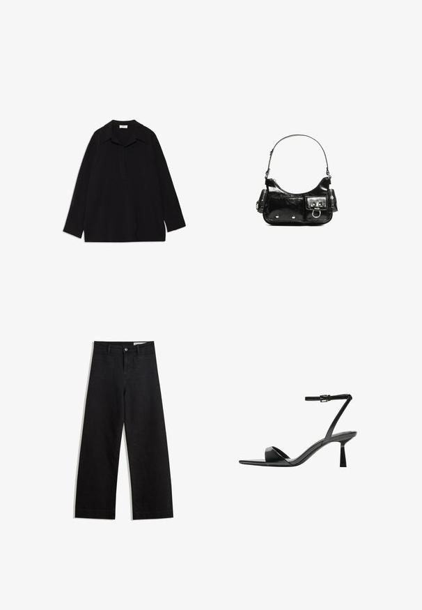 Svart långärmad topp med krage, med en framfick och avslappnad passform. Tillverkad av ett mjukt, slätt tyg utan mönster eller dekorationer.; Svarta vida denimbyxor med hög midja, med fram- och bakfickor, sydda sömmar och knappstängning. Slät textur.; Bershka Sandaletter - black; Svart lackläderhandväska med en rundad form, en axelrem, framfickor och detaljer i silverfärg.