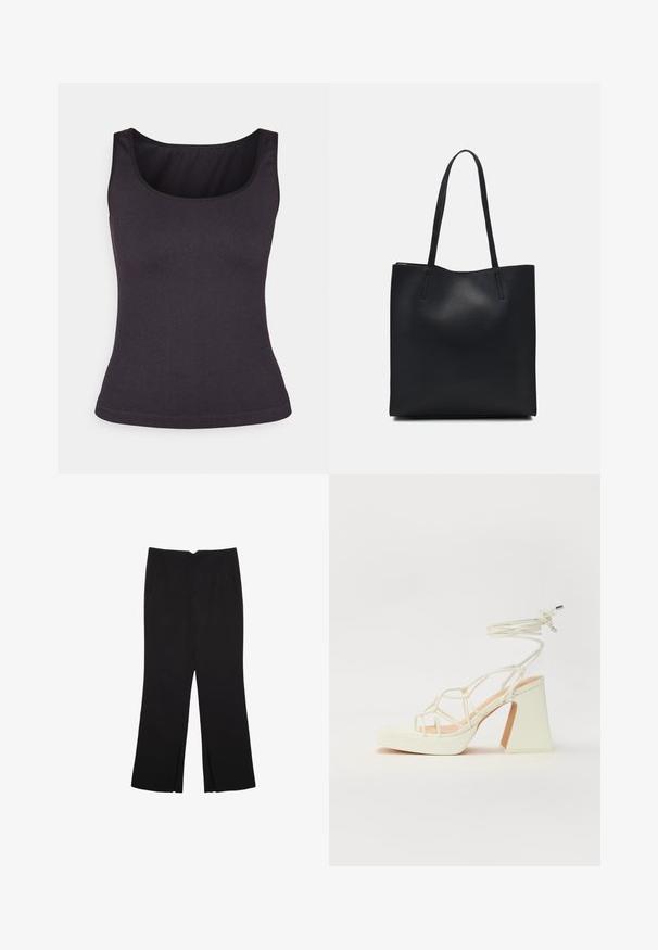 Dunkelgraues geripptes Tanktop mit einem runden Ausschnitt und dünnen Trägern, das eine figurbetonte Passform und eine glatte Oberfläche aufweist.; Schwarze Hose mit geradem Schnitt, ausgestattet mit Fronttaschen und Seitenschlitzen am Saum. Hergestellt aus weichem, glattem Stoff. Geeignet für verschiedene Anlässe.; Weiße High-Heel-Sandale mit einem klobigen Absatz, die über ein Riemchendesign und ein Knöchelband verfügt. Glatte Textur mit einer Plattform vorne für zusätzliche Höhe.; Schwarze Laptoptasche aus Leder mit glatter Textur, rechteckiger Form und zwei langen Griffen. Keine sichtbaren Beschläge oder Verzierungen.