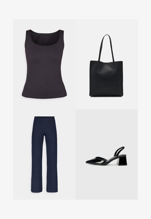 Temno siva rebrasta majica brez rokavov s krožnim izrezom in tankimi naramnicami, ki ima prilegajoč dizajn in gladko teksturo.; Temno modri rebrasti hlače širokega kroja z elastičnim pasom. Gladka tekstura, dolžina do tal in subtilne vertikalne vzorce.; Črne lakirane slingback pete s koničastim nosom in geometrijsko blokasto peto. Imajo eleganten, minimalističen dizajn in gladko teksturo.; Črna usnjena torba s svilnato teksturo, pravokotne oblike in dvema dolgima ročajema. Brez vidnih metalnih delov ali okrasnih elementov.