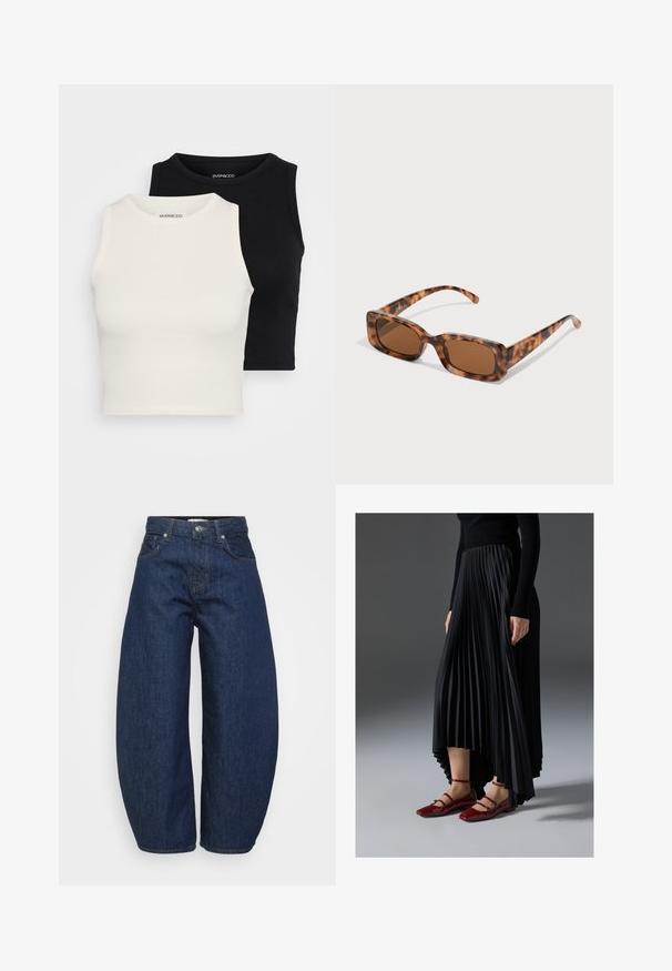 Even&Odd Petite 2 PACK - Top - black/egret; Hochtaillierte dunkelblaue Denim-Jeans mit weitem Bein, Knopf- und Reißverschluss vorne sowie klassischem Fünf-Taschen-Design.; Schwarzer, plissierter Rock mit einem High-Low-Saum, kombiniert mit glänzenden roten Ballerinas mit einem Riemen-Design. Der Stoff hat eine glatte Textur.; Schildpattsonnenbrille mit rechteckigen, braunen Gläsern, einem dicken Rahmen und schmalen Bügeln, die ein Muster aus verschiedenen Brauntönen aufweisen.; Silberne Creolen mit polierter Oberfläche, die kleine goldene Akzentdetails und eine runde Form aufweisen, am Ohrläppchen getragen.