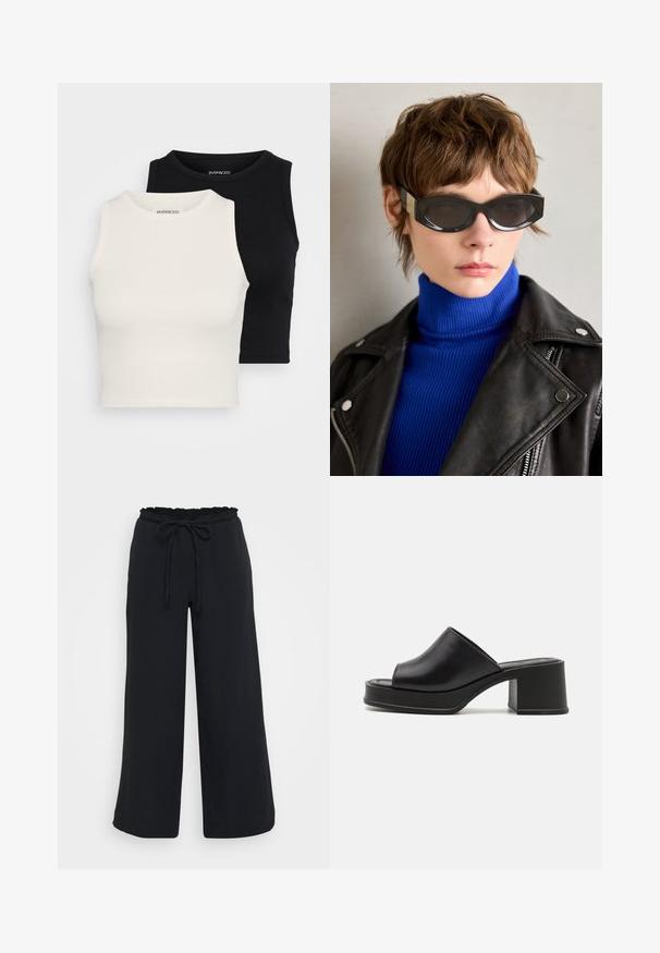 Even&Odd Petite 2 PACK - Top - black/egret; Črne široke hlače z teksturiranim zaključkom, elastični pas z naborki in nastavljiva vezalka.; Črne usnjene platforme mule z zaobljenim odprtim prstom, nizkim blokastim petkom in gladko teksturo. Minimalističen dizajn s čistimi linijami.; Črne sončna očala z zaobljenimi robovi in tinted lečami. Imajo zlato okrasno opremo na templjih. Noseno z modrim rebrastim puloverjem in usnjeno jakno.; Srebrni uhani v obliki obroča z obliko pentlje, z gladko površino in poliranim teksturo. Kompaktna, minimalistična zasnova primerna za različne priložnosti.