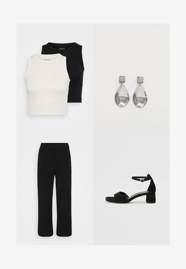Even&Odd Petite 2 PACK - Tops - black/egret; Melnas platās bikses, izgatavotas no gludas auduma, ar plakanu priekšpusi, jostu cilpiņām un bez redzamām kabatām. Tīrs, šūts dizains.; Melni zamša augstpapēžu sandeļi ar šauru potītes siksniņu, atvērtu purngalu un pieticīgu bloku papēdi. Gluda tekstūra un minimāli akcenti.; Sudraba pilienu auskari ar kvadrātveida auskariem, ar gludu, pulētu apdari un asaru formu, atstaro gaismu ar spīdīgu virsmu.