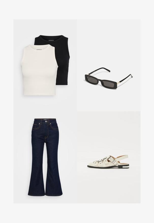 Even&Odd Petite 2 PACK - Top - black/egret; Dunkelblaue, hochtaillierte Denim-Jeans mit ausgestellten Beinen, Knopf- und Reißverschluss vorne sowie kontrastierendem orangefarbenem Nähen.; Slingback-Sandalen aus weißem Leder mit mehreren breiten Riemen und silbernen Schnallen; flache Sohle mit kleinem schwarzem Absatz und metallischen Akzenten.; Schwarze rechteckige Sonnenbrillen mit dunklen Gläsern, glänzenden Kunststoffrahmen und goldenen Akzenten an den Bügeln. Minimalistisches Design und schlanke Form.