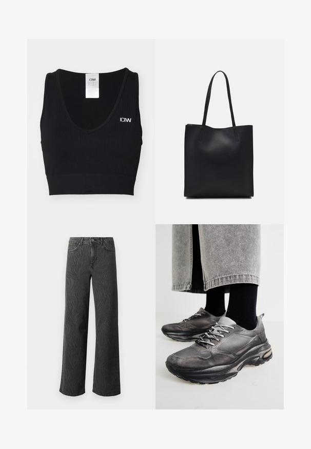 Svart ribbet sports-bh med V-hals og brede stropper. Har en liten hvit logo på venstre side. Myk, elastisk stoff.; Vide ben jeans i mørkegrå denim, med en subtil zebra-mønster tekstur, kontrast søm, og fem lommer med knappestol. ; Sorte og grå treningssko har en mesh-overdel, tykke såler og snøring. De har en rund tå og synlige dempe detaljer.; Svart lær tote bag med glatt tekstur, rektangulær form og to lange håndtak. Ingen synlige deler eller dekorasjoner.