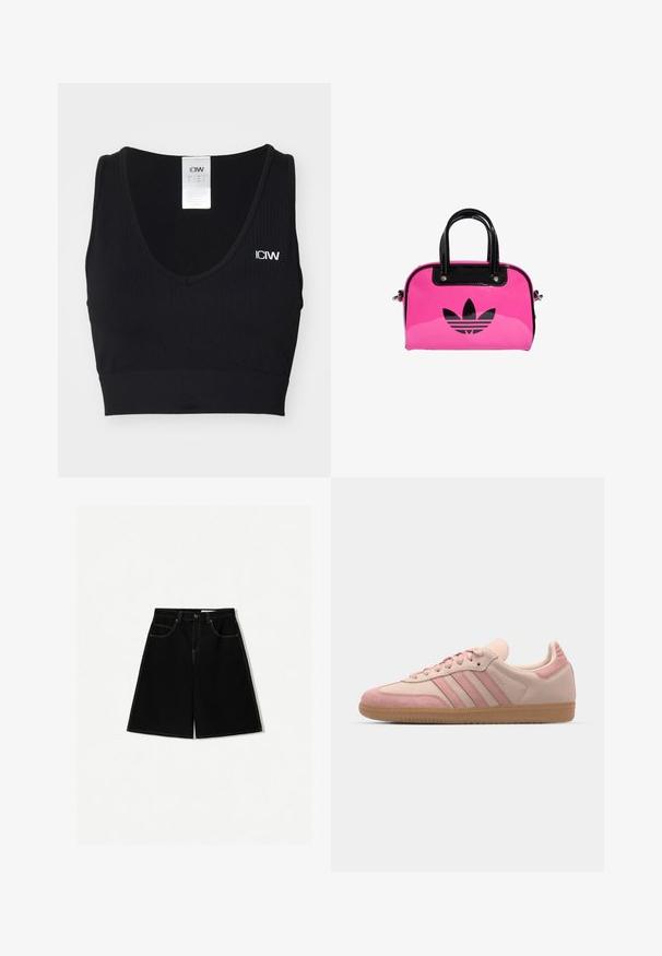 Bra sportivo nero a coste con scollatura a V e spalline larghe. Presenta un piccolo logo bianco sul lato sinistro. Tessuto morbido ed elastico.; Pantaloni shorts di denim neri con vestibilità ampia, dotati di cinque tasche, dettagli di cucitura gialla e design a vita media.; adidas Originals SAMBA OG - Sneakers basse - quartz/mauve; Borsa a mano in vernice rosa con logo e manici neri, caratterizzata da una forma arrotondata e chiusura con zip. La texture lucida aumenta la visibilità.