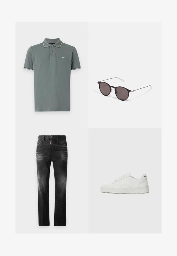 Emporio Armani Polotričko - balsam green; Černé džíny z denimu se rovnými nohavicemi. Obsahují vybledlé oblasti, drobné poškození, klasický pětikapsový design a zapínání na knoflík.; Bílé kožené tenisky s hladkým povrchem, kulatou špičkou, plochými tkaničkami a texturovanou podrážkou. Na patě se nachází nenápadné logo.; Černé kulaté sluneční brýle s tmavými skly a tenkými kovovými nohami. Obsahují průhledné koncovky nožiček a stříbrné akcenty na pantu. Minimalistický design.