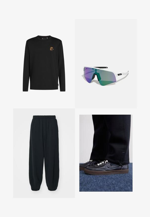 Ilgi piedurkņu melns T-krekls, kas izgatavots no kokvilnas. Tam ir oranža grafika uz krūtīm ar tekstu “O'Neill.” Standarta apaļa kakla izgriezums.; Melnas sporta bikses ar elastīgu jostasvietu, brīvu piegriezumu, aprocēm ap potītēm, gludu tekstūru, un bez redzamām rakstu vai aparatūras akcentiem.; Nike Sportswear KILLSHOT 2 LTR PRM OPP2 - Treniņu apavi - black sail baroque brown mtlc dk grey; Sporta saulesbrilles ar baltu rāmi un lielām gradienta lēcām, kas ir purpursarkanas un zaļas; asu stūrainu dizainu ar centrālu deguna tiltu.