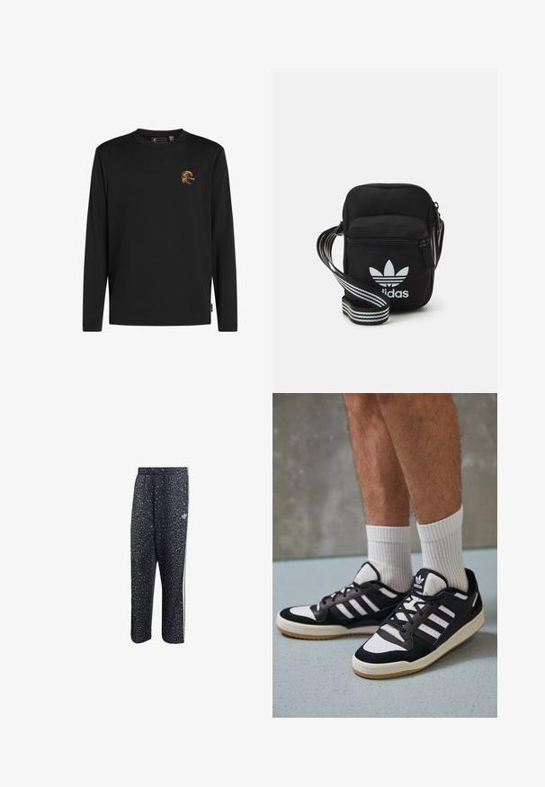 Dolga rokavica črna majica iz bombaža. Ima oranžno grafično zasnovo na prsih z besedilom "O'Neill." Standardni krožni izrez.; Črne športne hlače z vzorcem leoparda, ki imajo bele tri črte in logo športne blagovne znamke na strani.; Črno-bele superge z zgornjim delom iz usnja in nubuka, ki imajo tri bele črte, perforiran vrh prstov in podplat iz gume.; Črna tkaninska torbica čez ramo z zadrgo, ki vsebuje belo Adidasovo logo in pridelano naramnico z več črtami za enostavno nošenje.