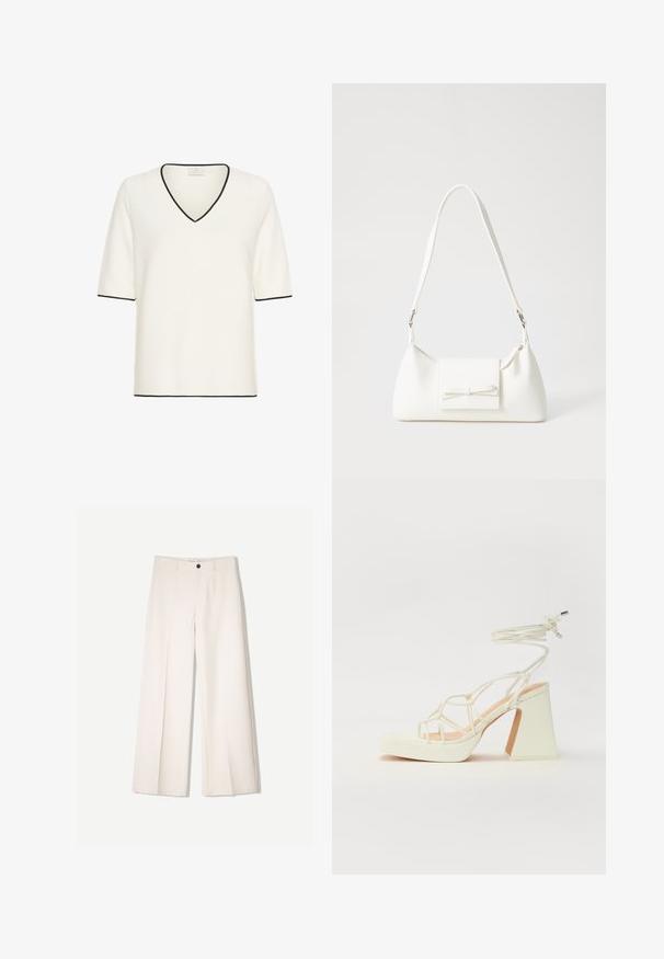 Kaffe LINKA CONTRAST - Print T-shirt - chalk w black contrast; Cream wide-leg trousers with a tailored design, featuring two front pockets and a single front button closure, made from smooth fabric.; White high-heeled sandal with a chunky heel, featuring a strappy design and ankle tie. Smooth texture with a platform front for added height.; White synthetic handbag with a triangular shape, flat front flap and bow detail, adjustable strap, smooth texture, and minimalistic design.
