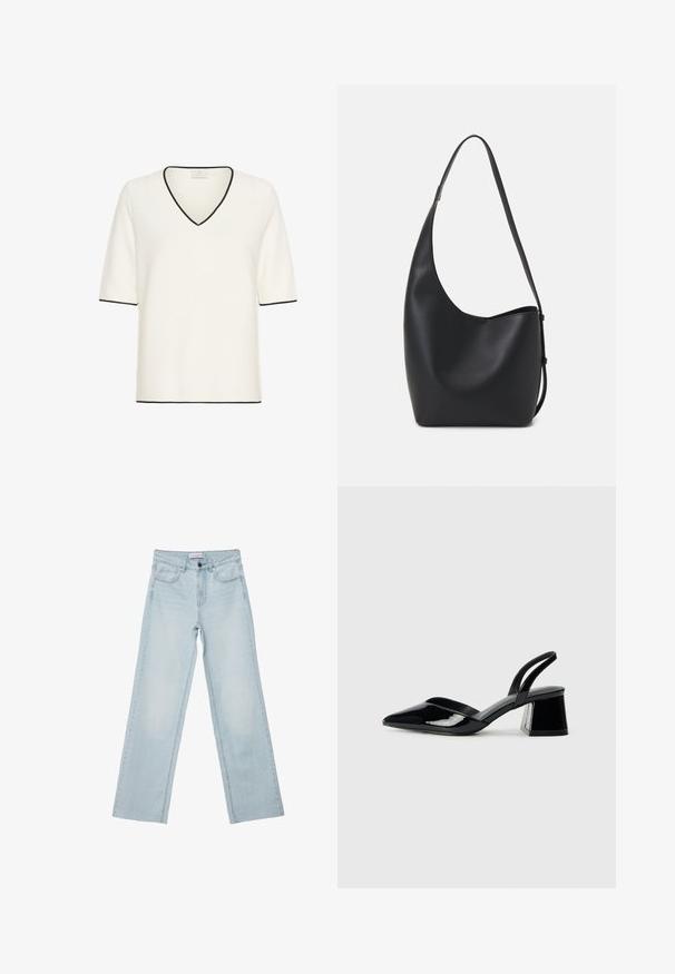Kaffe LINKA CONTRAST - Majica kratkih rukava s printom - chalk w black contrast; Svijetloplave široke traperice s pet džepova, dugmadi za zatvaranje i izblijedjelim detaljima. Klasičan ravni kroj s opuštenim fitom.; Crne lakirane kožne sandale s otvorenom petom i špicastim vrhom, s geometrijskom blok petom. Imaju elegantan, minimalistički dizajn i glatku teksturu.; Crna kožna hobo torba s glatkom teksturom, zakrivljenim oblikom i jednom podesivom trakicom; ima širok otvor na vrhu.