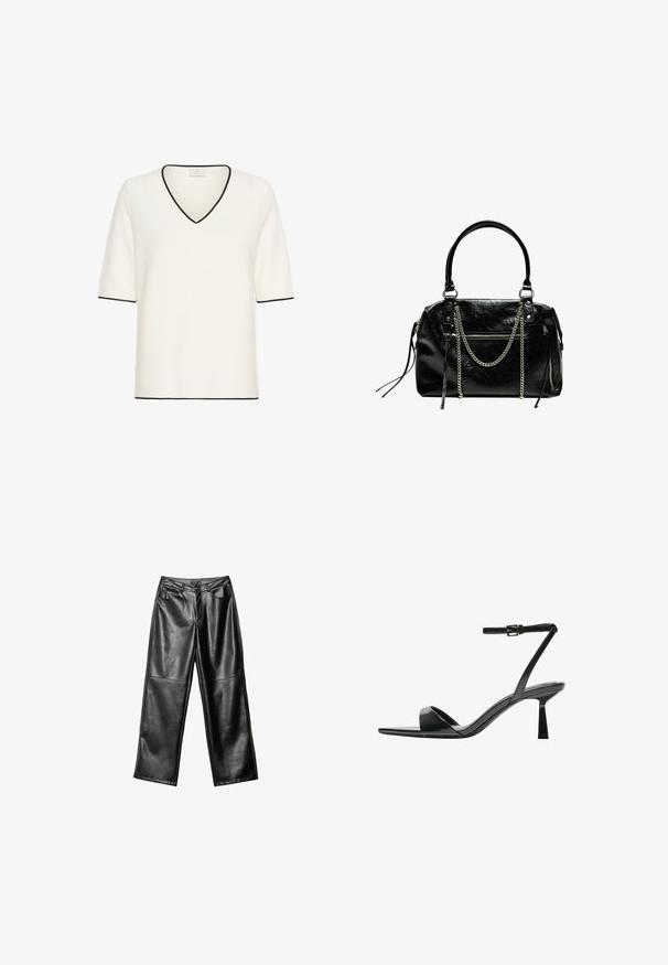 Kaffe LINKA CONTRAST - T-Shirt print - chalk w black contrast; Schwarze Lederhosen im weiten Schnitt mit glatter Textur, Fünf-Taschen-Design und genähten Details entlang der Beine und am Bund.; Bershka High Heel Sandalette - black; Bershka WITH CHAIN - Handtasche - black