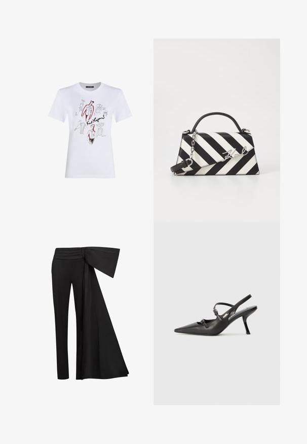 Bílý bavlněný tričko s černými a červenými uměleckými nákresy oděvů a postav, se handwritten poznámkami a podpisy.; Černé kalhoty s širokým, splývavým páskem v oblasti pasu. Hladká látka, rovný střih nohavic a plisovaný pas.; Černé kožené lodičky na boku s špičatou špičkou, štíhlým podpatkem a dekorativní přezkou na nártu. Hladká textura a elegantní design.; Černo-bílá pruhovaná kabelka se strukturovaným tvarem, vybavená horní rukojetí, odnímatelným řetízkem a kovovým logem.