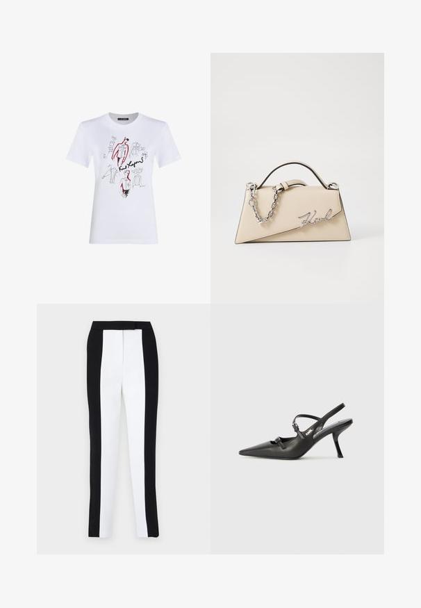 Bela bombažna majica z umetniškimi skicami oblačil in figur v črni in rdeči barvi, skupaj z ročno napisanymi opombami in podpisi.; Črne in bele zožene hlače s slim fit krojem ter kontrastnimi paneli. Tkanina ima gladko teksturo; pas je raven in prilegajoč.; Črne usnjene sandale na peto s koničastim nosom, vitko peto in okrasno zaponko na sprednjem delu. Gladka tekstura in eleganten dizajn.; Bežna usnjena torbica s strukturirano, trikotno obliko, z zlatim verižnim ročajem in povečenim logotipom iz kovine.
