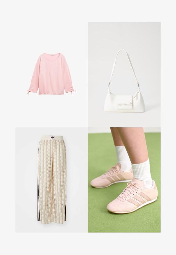 Lyserød langærmet top med en tekstureret, ribbet design. Har en rund halsudskæring og samling ved håndleddene med snører.; Cremefarvede bukser med vidde, der har et zigzag-mønster, med en sort logoelastik i taljen og sorte striber på siden. Letvægtigt, tekstureret stof.; Lyselyserøde træningssko med diagonal syning, hvide såler og tre sidelægstriber. Båret med ribbede hvide sokker på en grøn overflade.; Hvid syntetisk håndtaske med en trekantet form, flad forsideklap og sløjfedetalje, justerbar strop, glat tekstur og minimalistisk design.