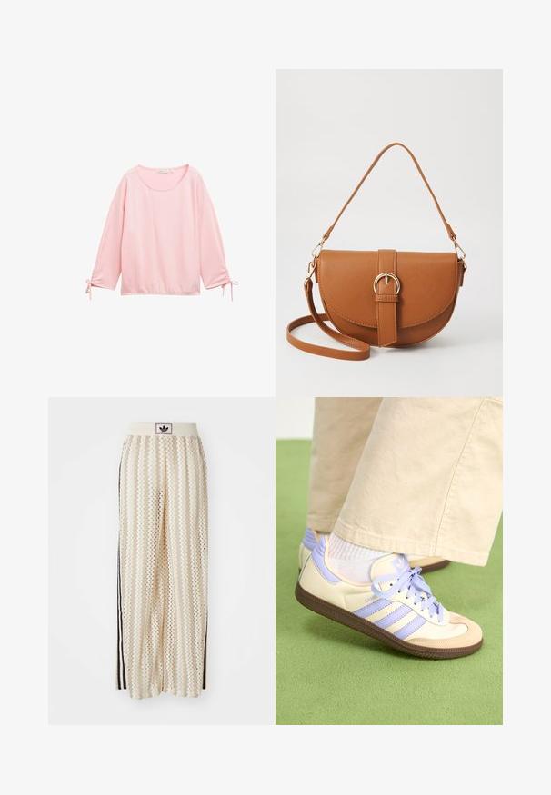 Rosa Langarmshirt mit strukturiertem, geripptem Design. Verfügt über einen runden Halsausschnitt und geraffte Details an den Handgelenken mit Bindebändern.; Cremfarbene, weit geschnittene Hosen mit einem Zickzackmuster, ausgestattet mit einem schwarzen Logo-Bund und seitlichen schwarzen Streifen. Leichter, strukturierter Stoff.; Cremefarbene und lavendelfarbene Sneakers mit drei Streifen und einer strukturierten braunen Sohle, ausgestattet mit Schnürsenkeln und einer gepolsterten Ferse. Obermaterial aus weichem Stoff.; Braune Leder-Crossbody-Tasche mit geschwungener Form, goldfarbenen Beschlägen und einer Schnallenakzentuierung. Verfügt über einen abnehmbaren Schultergurt.