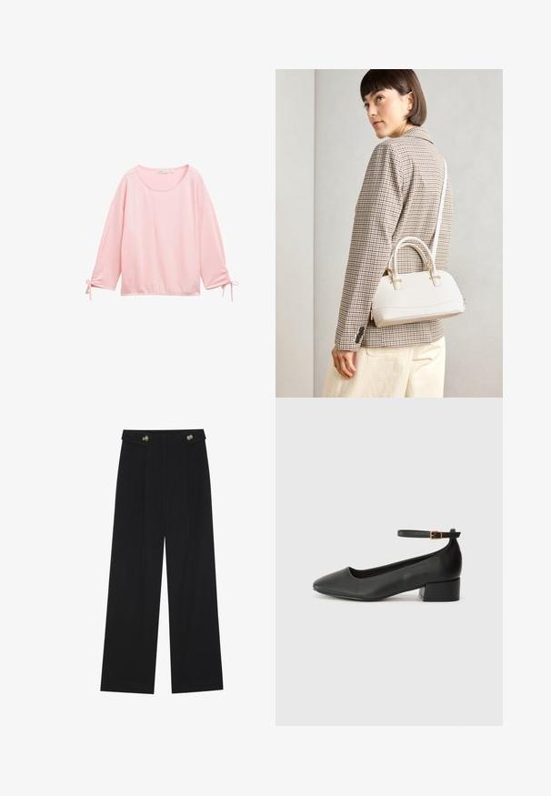 Rožinė ilgomis rankovėmis palaidinė su tekstūruotu, raukšlėtu dizainu. Turi apvalią apykaklę ir susiraukšlėjimą ties riešais su raišteliais.; Juodi plačios kojos kelnės su aukštu liemeniu, sagų detalėmis ant liemens ir priekinėmis raukšlėmis.; Juodas odinis aukštakulnis batelis su smailiu pirštu ir žemu bloku. Su kulkšnies dirželiu su auksinės spalvos sagtimi. Lygus paviršius.; Balta struktūruota rankinė su trumpomis rankenomis ir peties diržu, su auksinėmis detalėmis ir tekstūruota medžiaga, pastatyta prieš pilką foną.