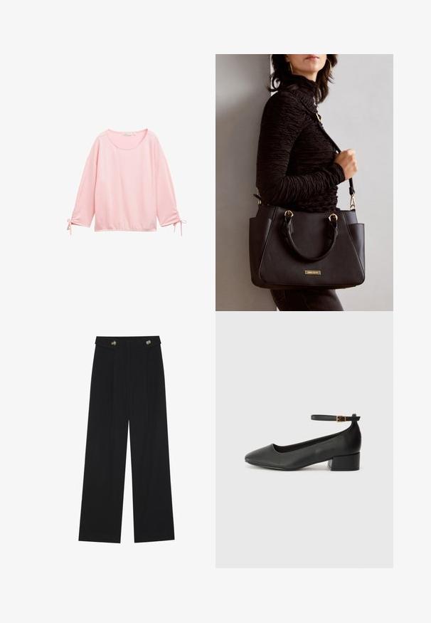 Top de manga larga rosa con un diseño texturizado y acanalado. Presenta un escote redondo y detalles recogidos en las muñecas con lazos.; Pantalones de pierna ancha negros con cintura alta, detalles de botones en la cinturilla y pliegues en la parte delantera.; Zapato de tacón negro de cuero con punta afilada y tacón bajo cuadrado. Presenta una correa para el tobillo con una hebilla en tono dorado. Textura suave.; Bolso negro con superficie texturizada, doble asa superior y correa para hombro ajustable. Presenta herrajes en tono dorado y bolsillos laterales.