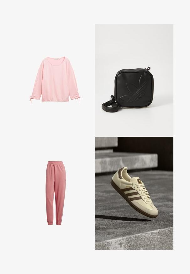 Rosa Langarmshirt mit strukturiertem, geripptem Design. Verfügt über einen runden Halsausschnitt und geraffte Details an den Handgelenken mit Bindebändern.; Rosa Jogginghose mit elastischem Bund, schmal zulaufenden Beinen und gerippten Bündchen. Verfügt über Logodetails am Bein und kontrastierende Streifen an den Seiten.; Sneaker in Cremefarbe mit braunen Akzenten, strukturierten seitlichen Streifen und glattem Lederfinish. Verfügt über ein Schnürdesign und eine Gummisohle.; Schwarze Umhängetasche aus strukturiertem synthetischem Material. Verfügt über ein eingeprägtes Logodesign und einen verstellbaren Riemen. Mit Reißverschluss geschlossen.