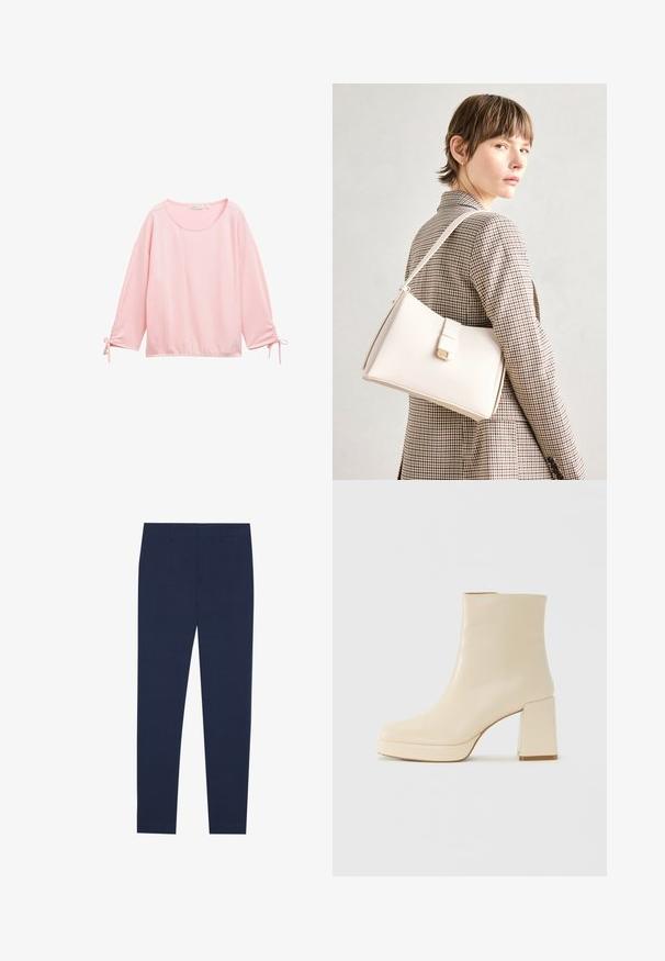 Lyserød langærmet top med en tekstureret, ribbet design. Har en rund halsudskæring og samling ved håndleddene med snører.; Mørkeblå bukser lavet af glat stof, med en lige ben design og flad front. Ingen synlige mønstre eller accenter.; Beige læder ankelstøvle med blokhæl og platformssål, glat overflade og let firkantet tå, vender til venstre på hvid baggrund.; Hvid læder håndtaske med en struktureret design, der har en magnetlukning og en skulderrem, præsenteret mod en neutral baggrund.