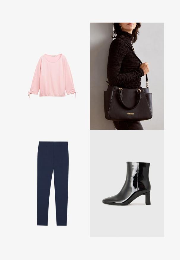 Lyserød langærmet top med en tekstureret, ribbet design. Har en rund halsudskæring og samling ved håndleddene med snører.; Mørkeblå bukser lavet af glat stof, med en lige ben design og flad front. Ingen synlige mønstre eller accenter.; Sort lakeret ankelstøvle med spids tå og en midt-højde blokhæl. Glat tekstur og minimalistisk design.; Sort håndtaske med struktureret overflade, dobbelt topbærere og justerbar skulderrem. Udstyret med guldfarvet metalhardware og sidelommer.