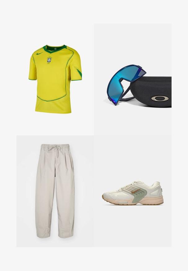 Gelbes kurzärmeliges Fußballtrikot mit grünen Akzenten, ausgestattet mit dem Logo der brasilianischen Nationalmannschaft auf der Brust und einem Rundhalsausschnitt.; Beige, leichte Hose mit elastischem Bund und Zugband. Sie verfügt über Falten und eine lockere Passform, gefertigt aus weichem, glattem Stoff.; Niedrig geschnittene Sport-Sneaker in Beige mit leicht grünem Seitenpanel, weißem Mesh-Obermaterial, braunem Nike-Swoosh und beigem Sohlenbereich mit sichtbarem Luftkissen.; Blautonige Wraparound-Sonnenbrillen mit sportlichem Design, die auf einem strukturierten schwarzen Etui mit metallischem Logoakzent ruhen.