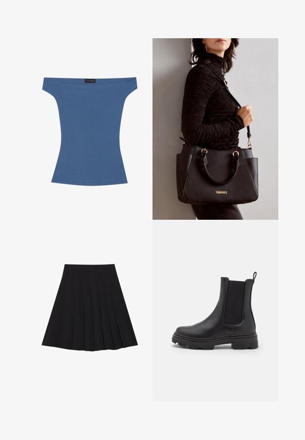 Top off-the-shoulder in morbido tessuto blu, design aderente con maniche corte e una superficie liscia. Etichetta visibile sul collo.; Gonna nera plissettata realizzata in tessuto strutturato con una vita aderente. Cade all'altezza del ginocchio, presentando una silhouette liscia e pulita.; Stivale alla caviglia in pelle nera con pannelli elastici laterali, punta tonda e suola in gomma texturizzata. Dotato di un anello sul retro per una facile vestibilità.; Borsa nera con superficie texturizzata, manici superiori doppi e tracolla regolabile. Dotata di hardware color oro e tasche laterali.